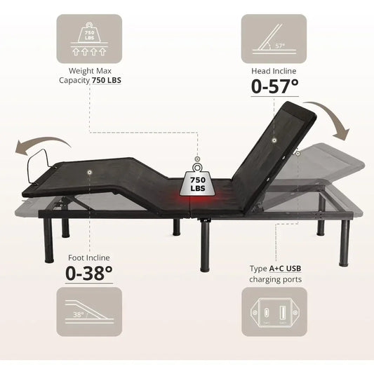 Twin XL Adjustable Bed Frame with 14" Copper Gel Memory Foam Mattress & Wireless Remote (USB, LED, Zero Clearance)