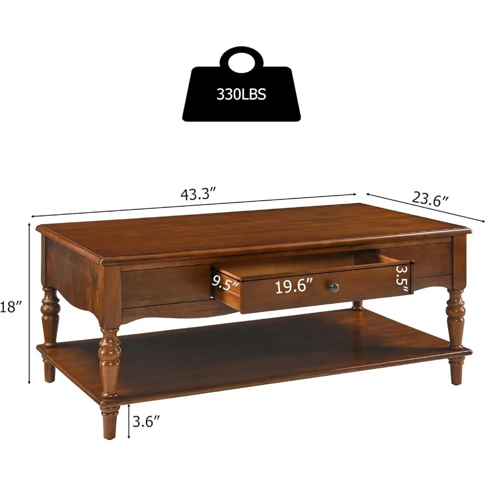 Vintage Rectangular Coffee Table with 2 Storage Drawers – Mid-Century Solid Wood Table with Carved Legs & Shelf