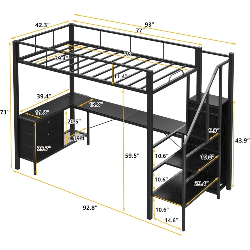 Twin Loft Bed with Desk, Storage Stairs, Wardrobe & RGB LED Lights – Metal Frame Loft Bed with USB Ports, Outlets, Charging Station