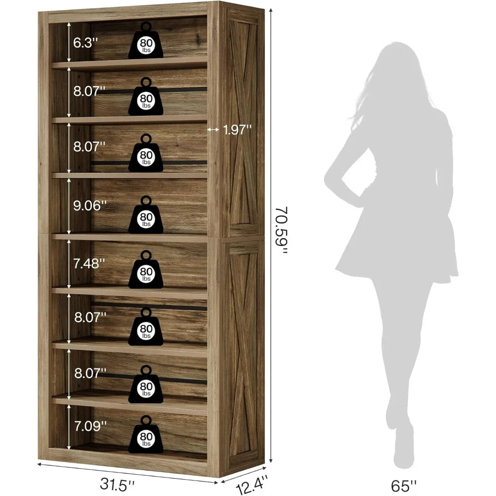 Set of 2 – 70.6" Tall 8-Tier Bookshelves, Large Adjustable Wood Bookcases with Rustic Display Shelves, Farmhouse Style Storage for Home or Office