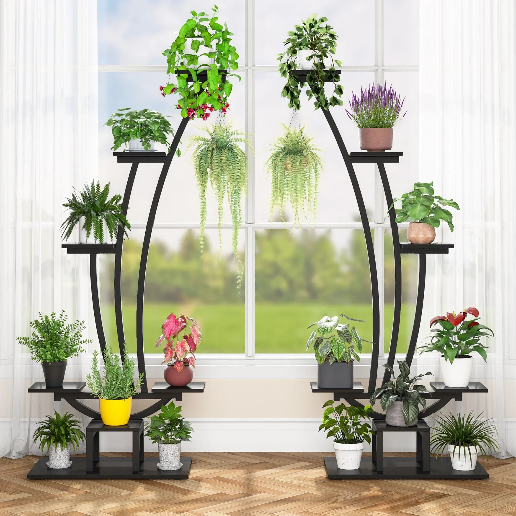 Transform your indoor space with this elegant curved plant stand set. Display up to 16 pots with a stylish design that fits beautifully in corners, hallways, and balconies.