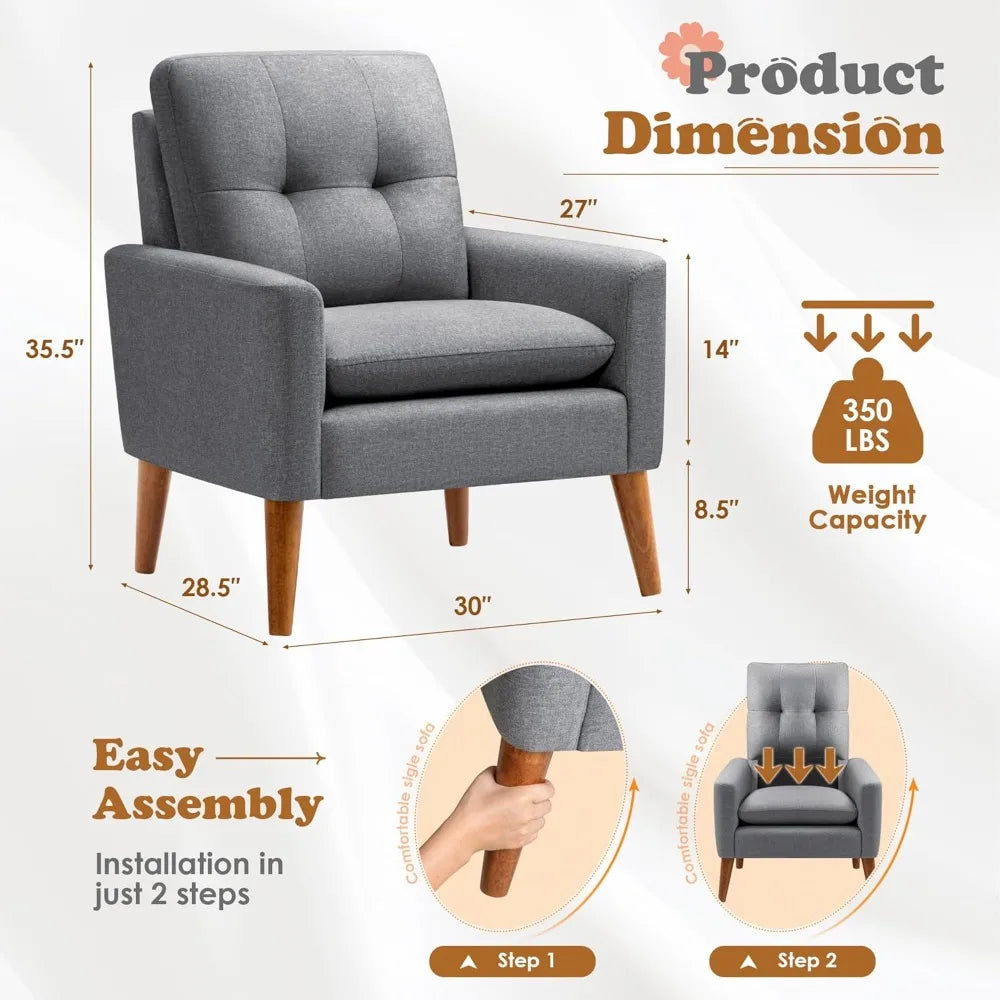 Set of 2 Mid-Century Modern Accent Chairs – Tufted Fabric Armchairs with Wood Legs for Living Room, Bedroom, or Reading Nook