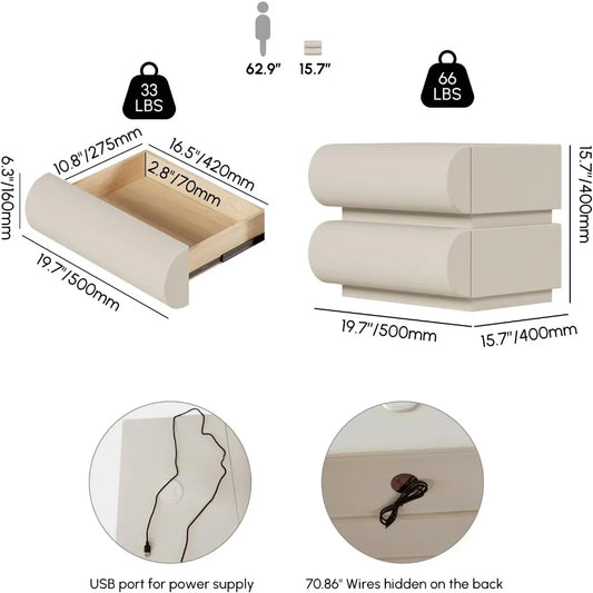 Smart Leather Nightstand with Wireless Charger & USB Ports – 2-Drawer Modern Bedside Table (White)