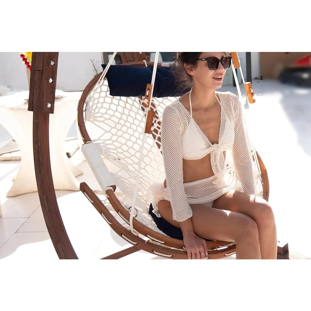 Summit Hanging Hammock Chair with Wooden Frame, Navy Cushions & Footrest – Handwoven Canvas Swing for Patio, Porch, or Indoor Use