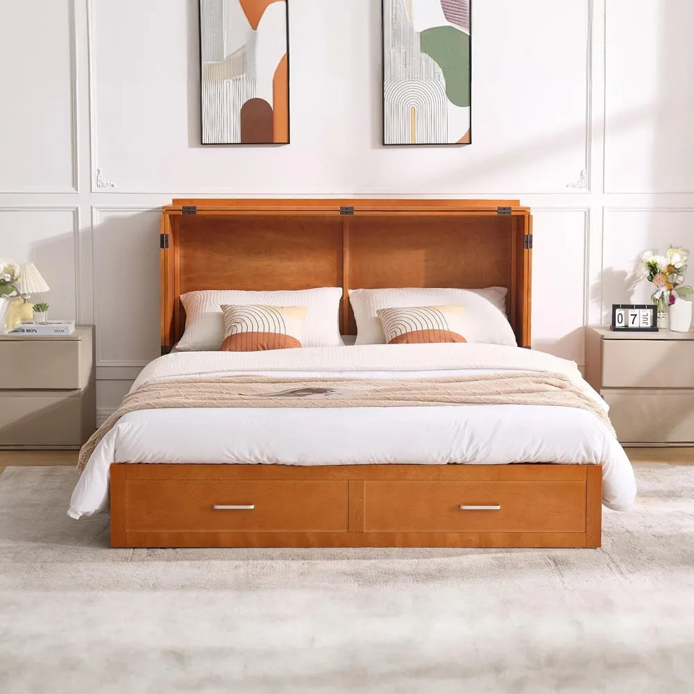 Queen Murphy Bed with Mattress & Storage – Foldable Cabinet Bed with Drawers & Charging Station for Small Spaces (Cherry Finish)