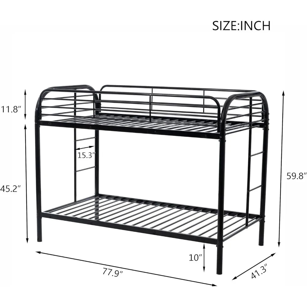 Twin Over Twin Metal Bunk Bed – Heavy Duty Frame with 2 Ladders & 11.8" Guardrail, Space-Saving Design