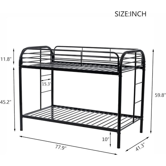 Twin Over Twin Metal Bunk Bed – Heavy Duty Frame with 2 Ladders & 11.8" Guardrail, Space-Saving Design