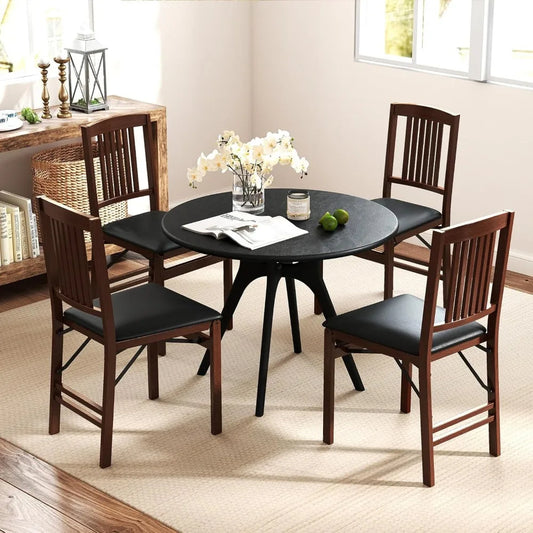 Set of 4 Folding Wooden Dining Chairs – No Assembly, Padded Faux Leather Seat, 400 lbs Capacity, Space-Saving Side Chairs (Brown/Black)