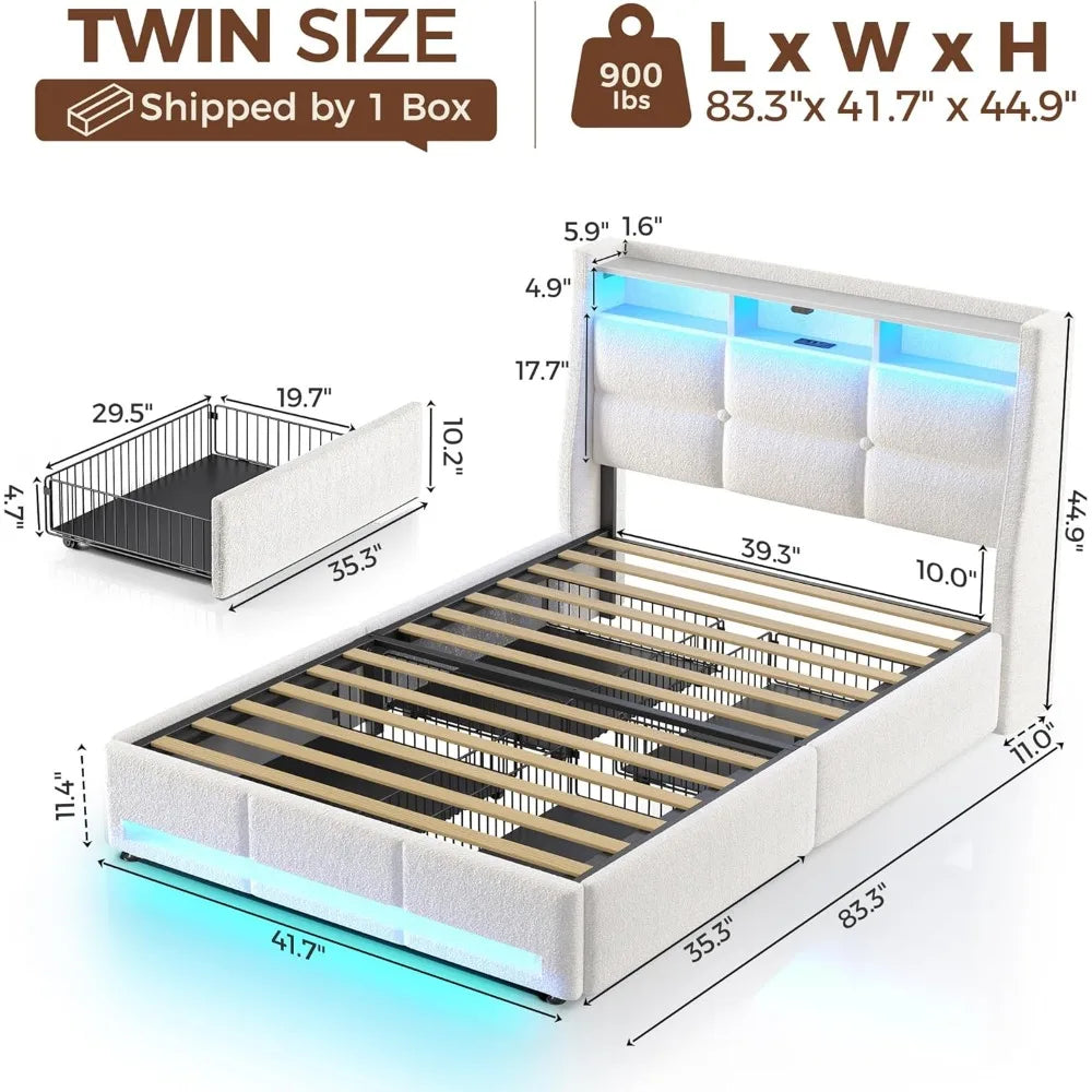Twin Size Upholstered Bed Frame with LED Lights, Charging Station & Storage Drawers – White Lambswool Platform Bed, No Box Spring Needed