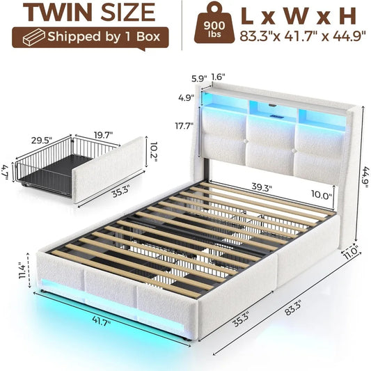 Twin Size Upholstered Bed Frame with LED Lights, Charging Station & Storage Drawers – White Lambswool Platform Bed, No Box Spring Needed