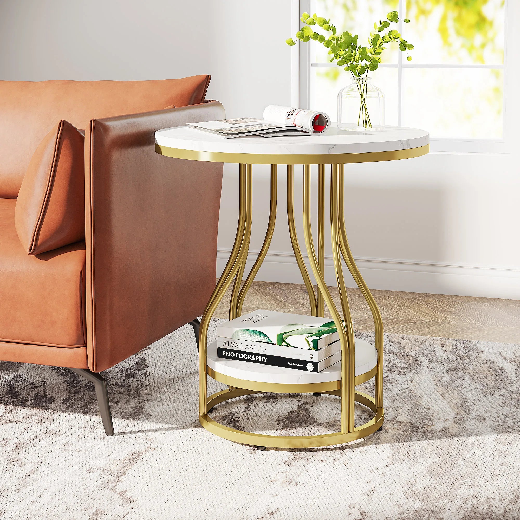 Round White and Gold Side Table – Elegant 2-Tier End Table with Storage Shelf