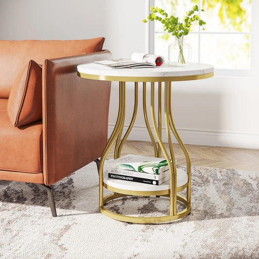 Round White and Gold Side Table – Elegant 2-Tier End Table with Storage Shelf