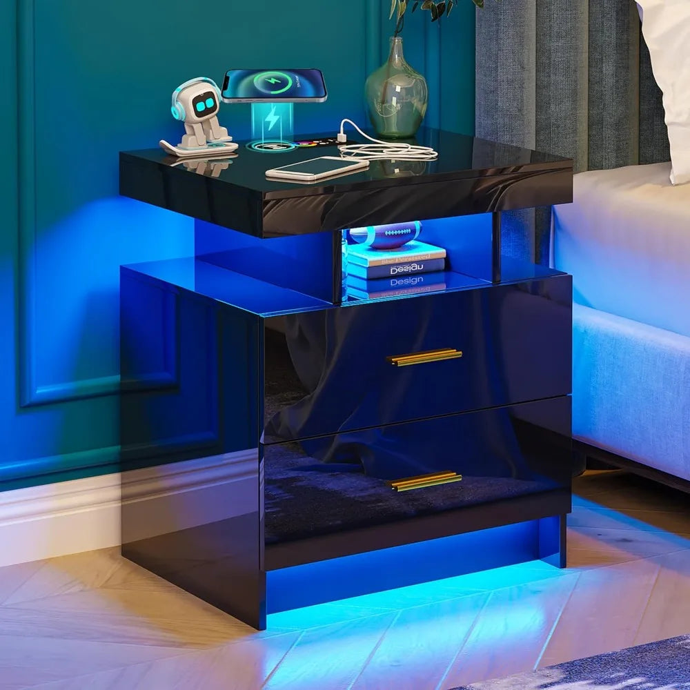 Set of 2 LED Nightstands with USB, Type-C & Wireless Charging – Modern Black Bedside Tables with RGB Auto Lights & Storage Drawers