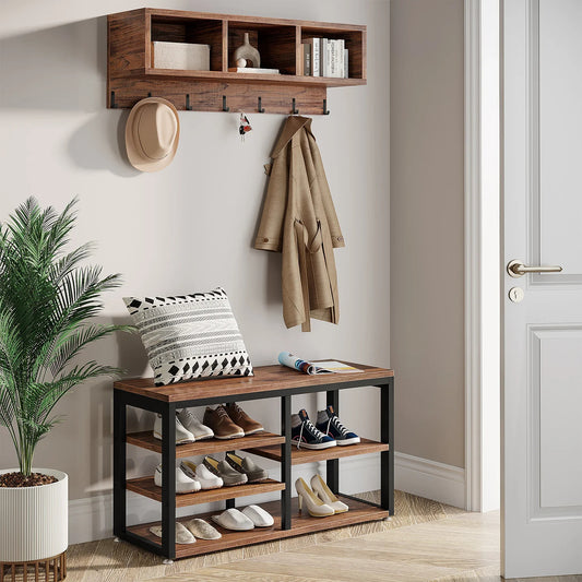 Upgrade your entryway with this stylish coat rack and shoe bench combo featuring 3 cubbies, 7 hooks, and rustic wood for efficient and elegant storage.