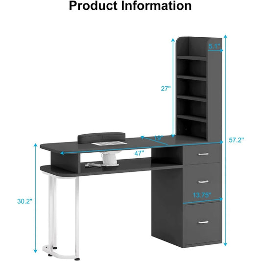 Professional Manicure Table with Dust Collector – Large Nail Station with Drawers & Side Cabinet