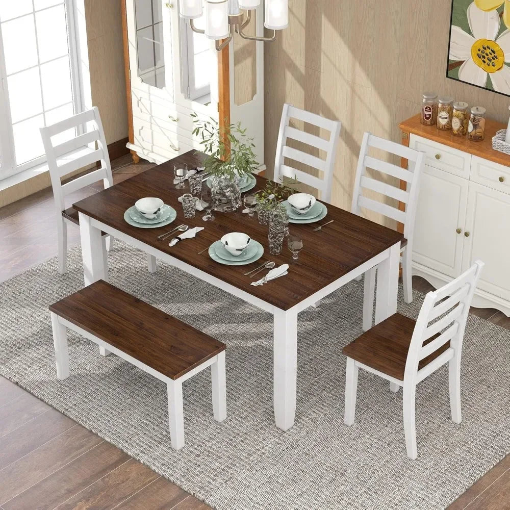 Rustic 6-Piece Dining Table Set with Bench & 4 Padded Chairs – Farmhouse Wood Table in Walnut + Cottage White