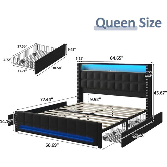Queen Bed Frame with Storage Drawers, LED Headboard & Charging Ports