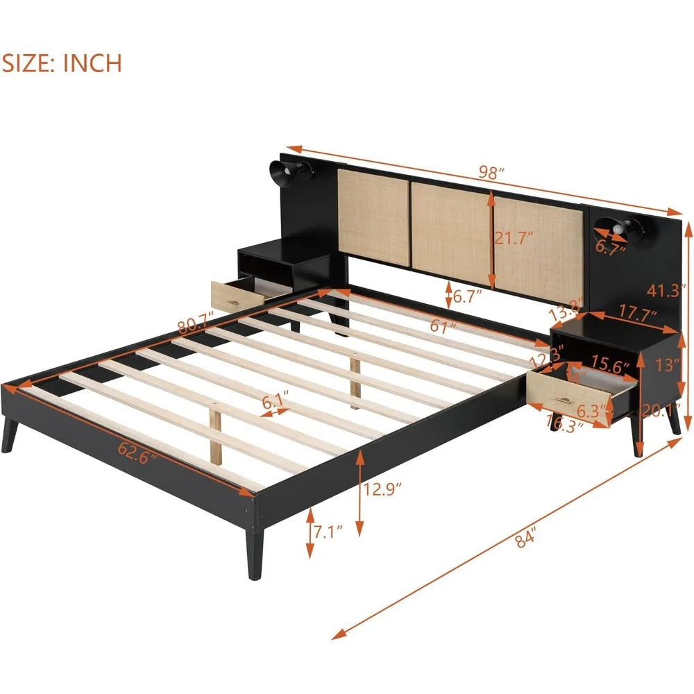 Queen Size Platform Bed Frame with 2 Nightstands & Built-In Lamps – Elegant Rattan & Wood Headboard Design (Black)