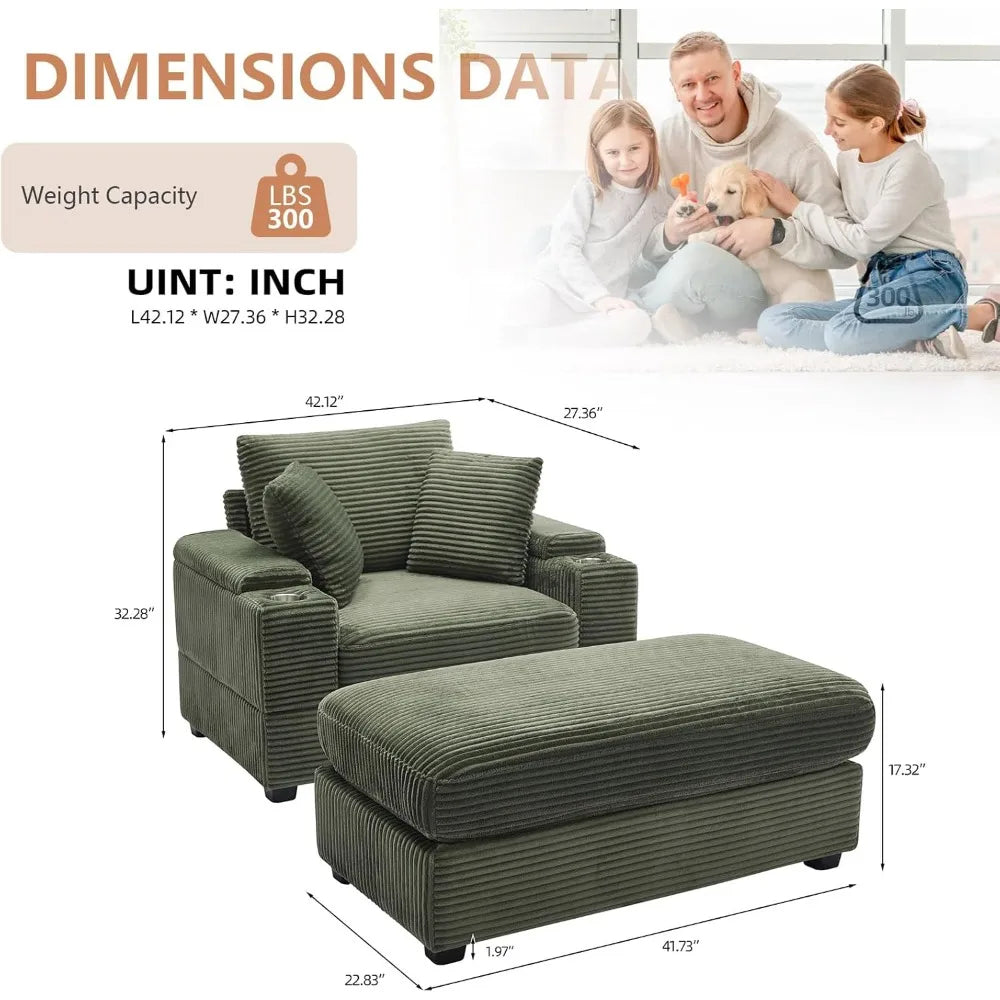Oversized Chaise Lounge Chair with Ottoman – Deep Seat Corduroy Recliner with Storage & Cup Holders, Green