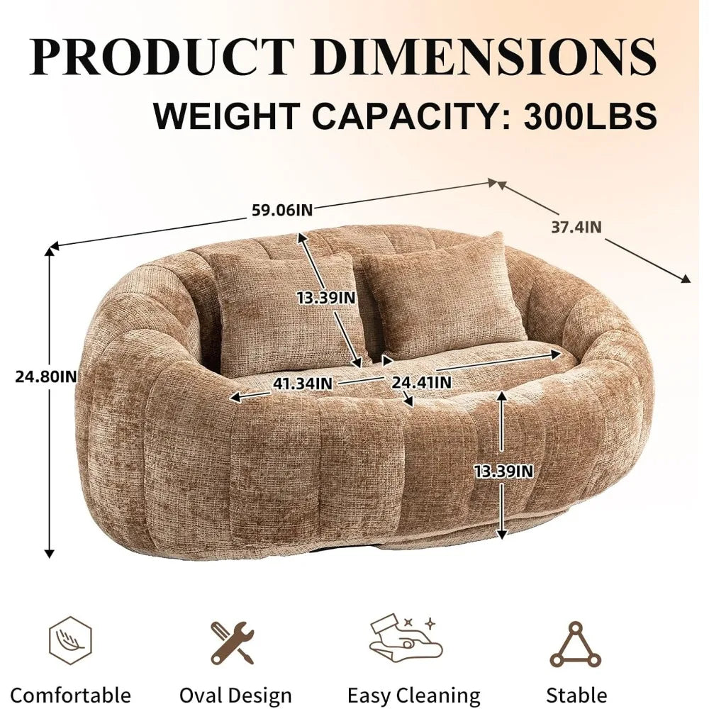 Oversized Oval Bean Bag Chair – Chenille Upholstery, Tufted Backrest, Memory Foam Filled