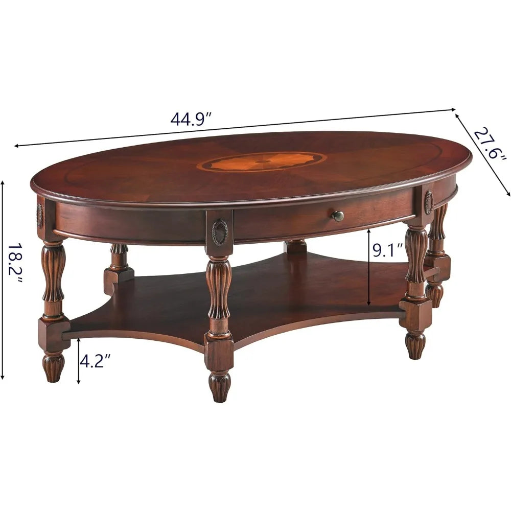 Solid Wood Oval Coffee Table with Drawer & Storage Shelf – Vintage Cherry Walnut Finish