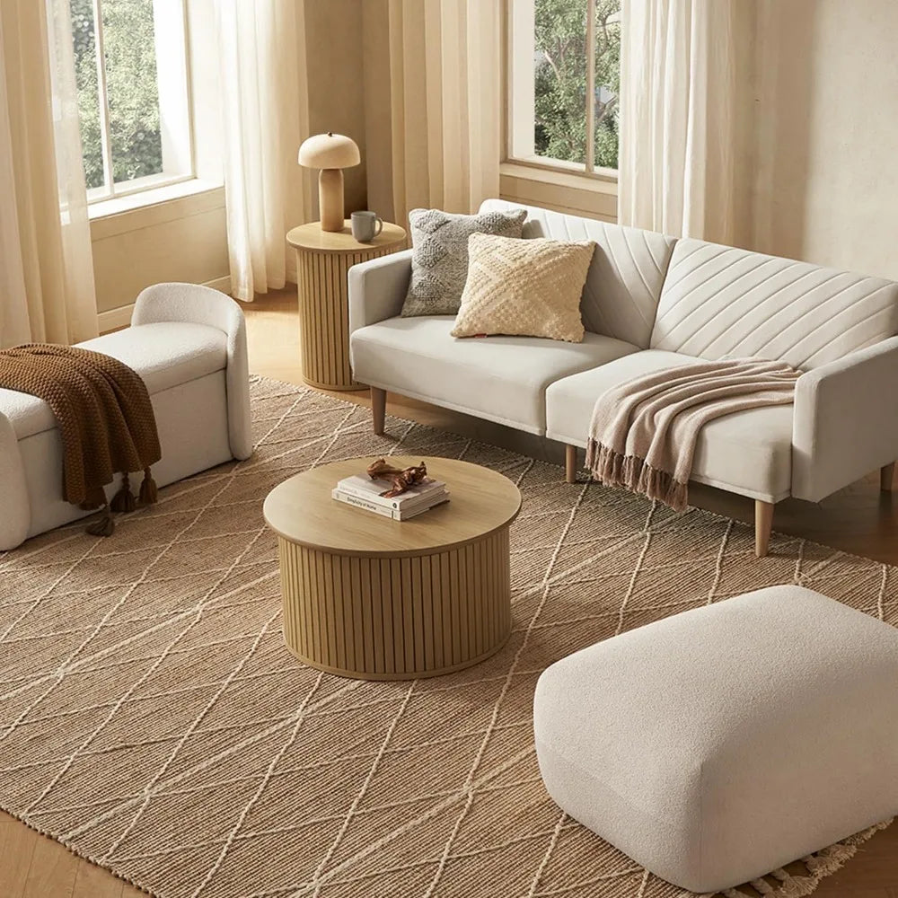 Quin Tambour Round Coffee Table with Hidden Storage – Mid-Century Modern Fluted Wood Drum Accent Table (Oak, 27.6")