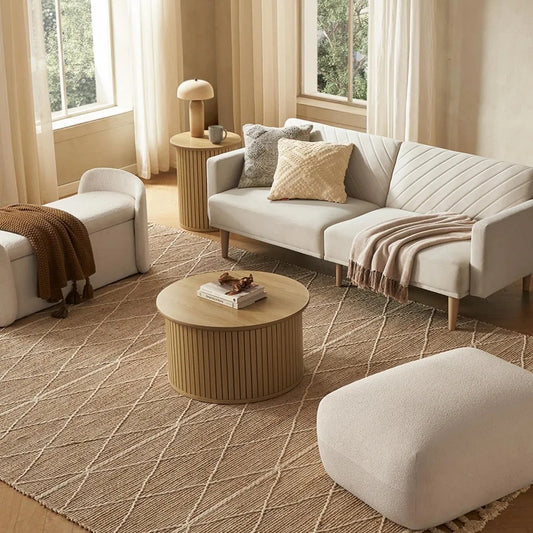 Quin Tambour Round Coffee Table with Hidden Storage – Mid-Century Modern Fluted Wood Drum Accent Table (Oak, 27.6")