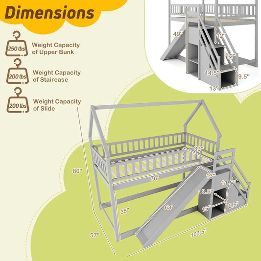 Twin Over Twin House Bunk Bed with Slide & Stairs – Wood Frame with Storage Shelves, No Box Spring Needed, Fun Floor Bed Design for Kids