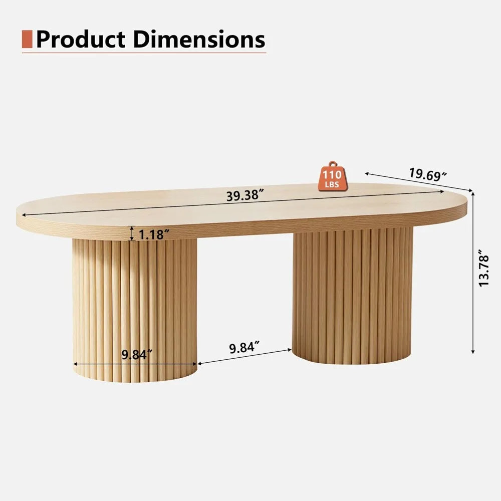 Oval Fluted Wood Coffee Table – Mid-Century Modern Farmhouse Center Table for Living Room, Natural Finish