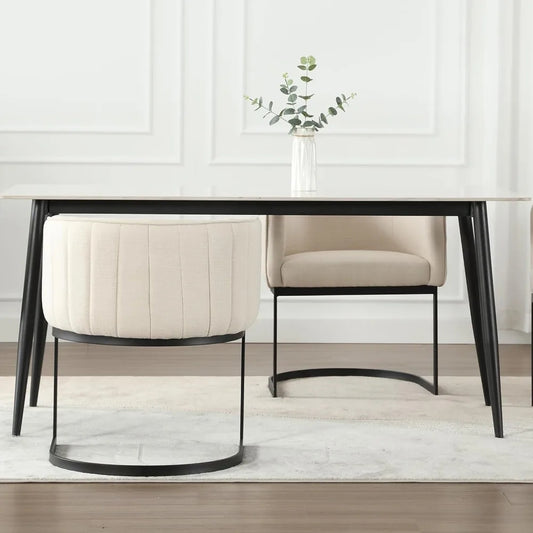 Set of 4 Modern Upholstered Dining Chairs with Arms – Beige Fabric, Metal C-Shape Legs, Mid-Century Accent Style