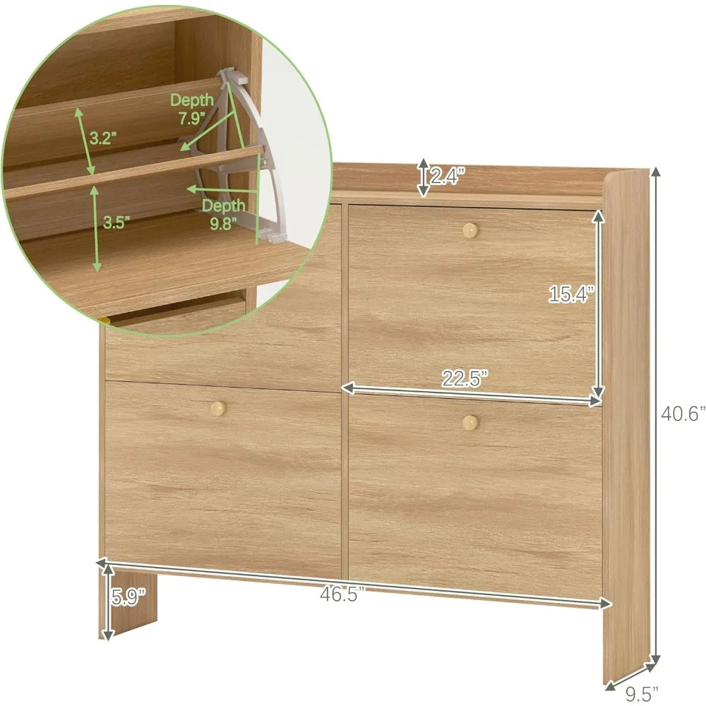 Slim Shoe Storage Cabinet with 4 Flip Drawers – Narrow Entryway Shoe Organizer with Adjustable Shelves & Open Storage