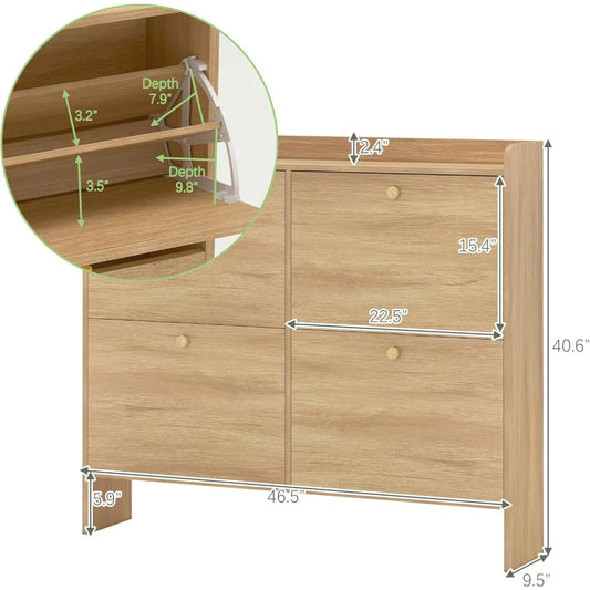 Slim Shoe Storage Cabinet with 4 Flip Drawers – Narrow Entryway Shoe Organizer with Adjustable Shelves & Open Storage
