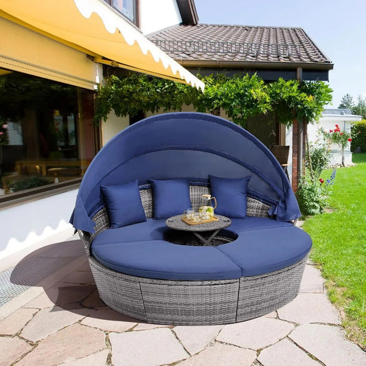 Round Outdoor Rattan Daybed with Canopy, Adjustable Table & Cushions – Modular Patio Lounge Set