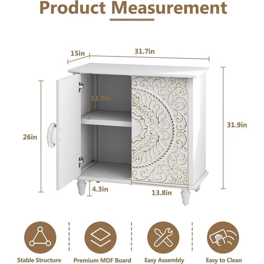 White Accent Cabinet with 2 Doors – Decorative Sideboard Buffet with Carved Floral Pattern, Storage Shelves & Solid Wood Legs