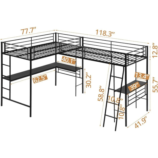Twin L-Shaped Loft Bed with 2 Desks – Heavy-Duty Metal Corner Bunk Bed with Ladders & Safety Guardrails