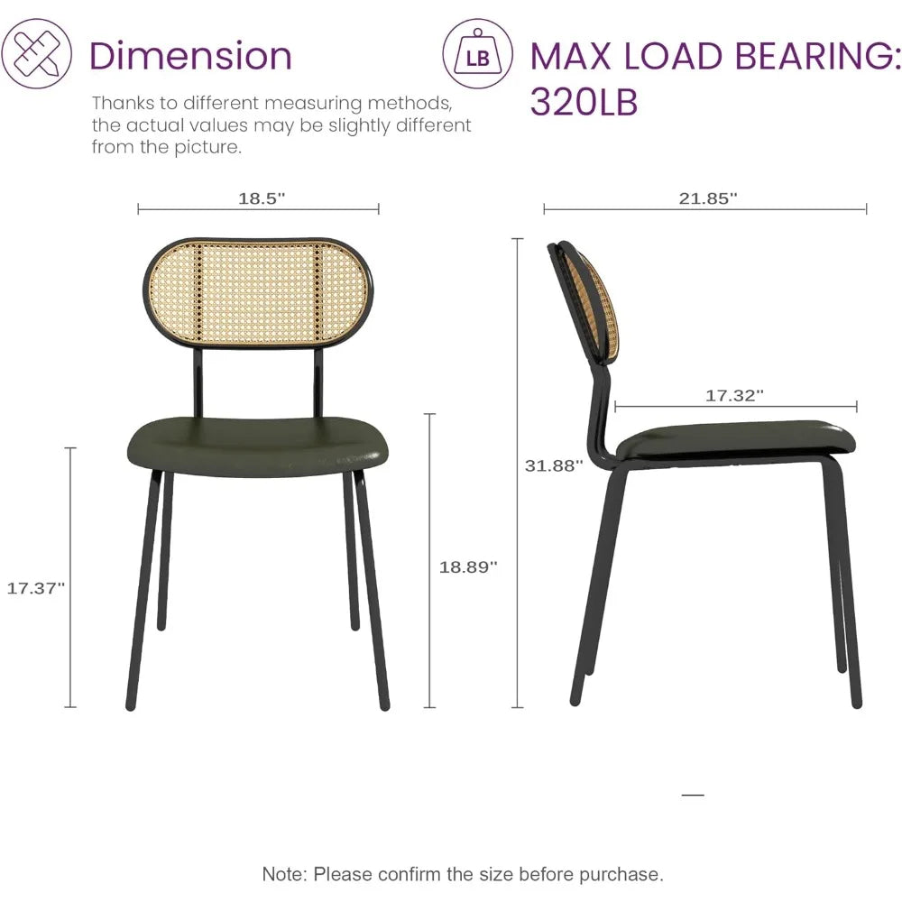 Set of 4 Green Faux Leather & Rattan Mid-Century Dining Chairs – Metal Frame, Boho Chic Design
