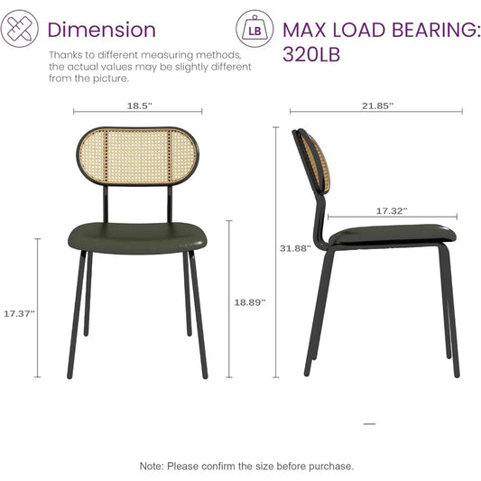 Set of 4 Green Faux Leather & Rattan Mid-Century Dining Chairs – Metal Frame, Boho Chic Design
