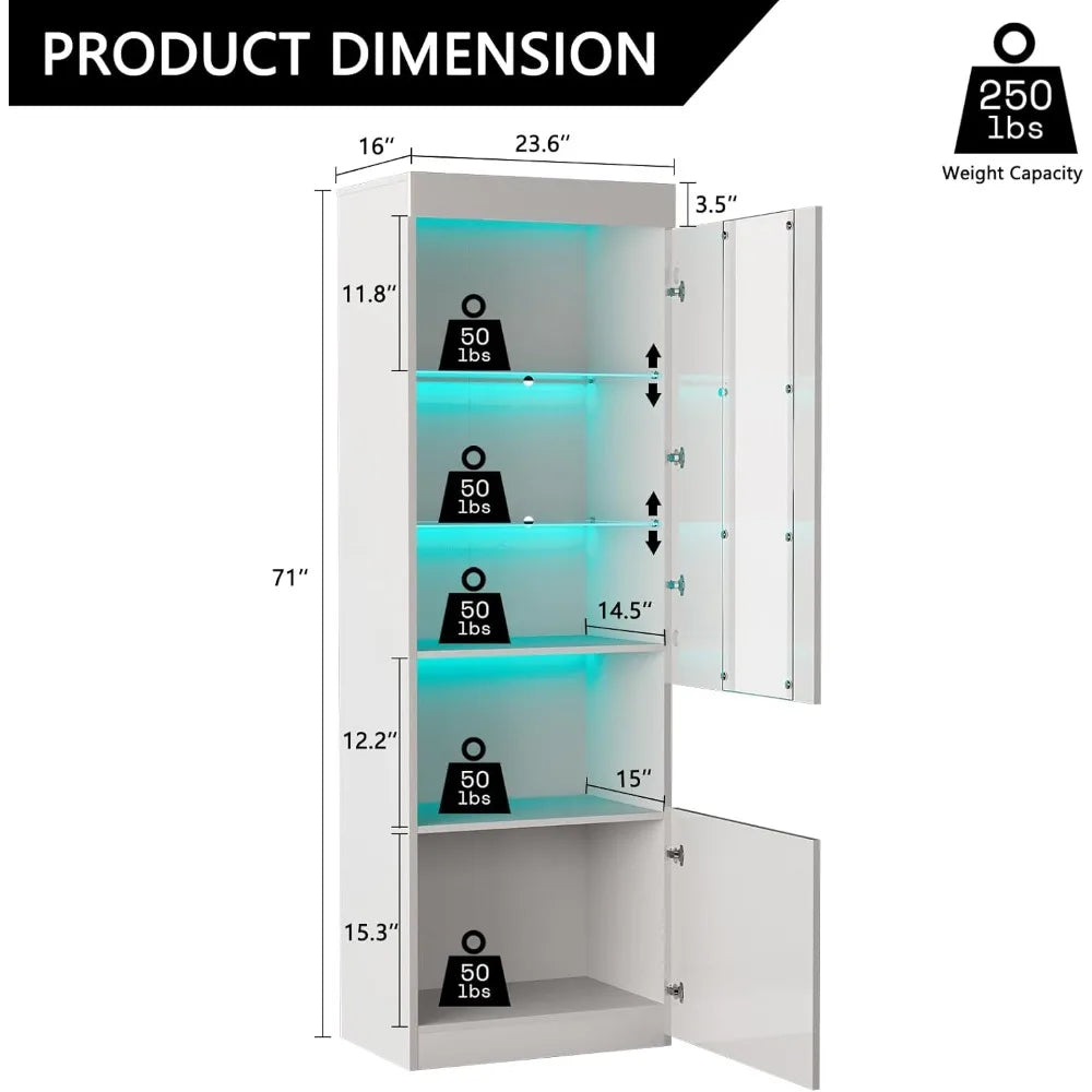 Set of 2 Tall 71" LED Bookcase Display Cabinets – Glass Doors, Gloss Finish, Adjustable Shelves