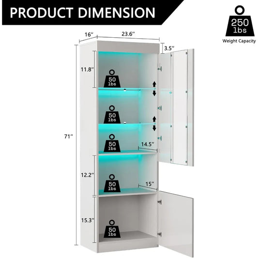 Set of 2 Tall 71" LED Bookcase Display Cabinets – Glass Doors, Gloss Finish, Adjustable Shelves