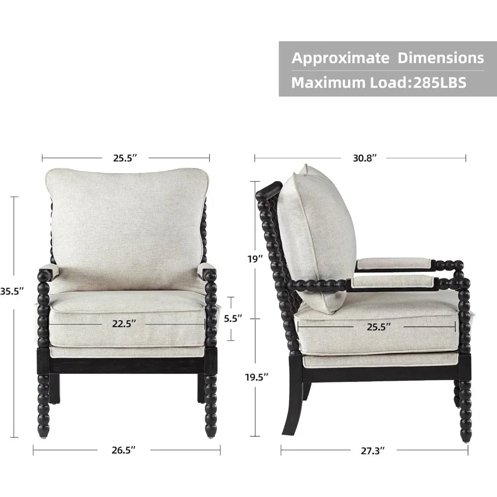 Spindle Back Linen Accent Chair – Mid-Century Wood Frame Armchair with Cushions & Armrest Pads