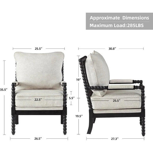 Spindle Back Linen Accent Chair – Mid-Century Wood Frame Armchair with Cushions & Armrest Pads