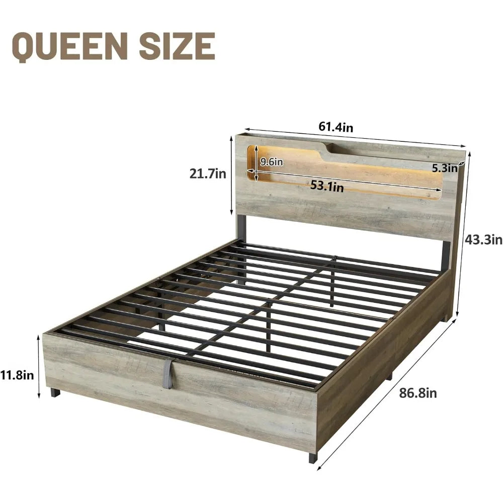 Queen Size Platform Bed with Lift-Up Storage, 2-Tier Headboard & Charging Station – Gray