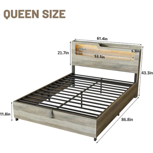 Queen Size Platform Bed with Lift-Up Storage, 2-Tier Headboard & Charging Station – Gray