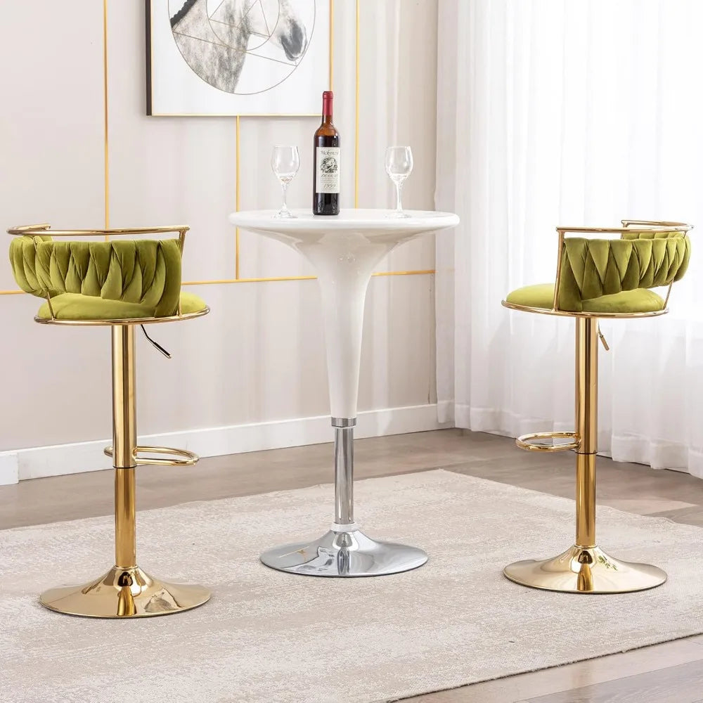 Set of 2 Modern Velvet Swivel Bar Stools – Adjustable Height Counter Chairs with Gold Base