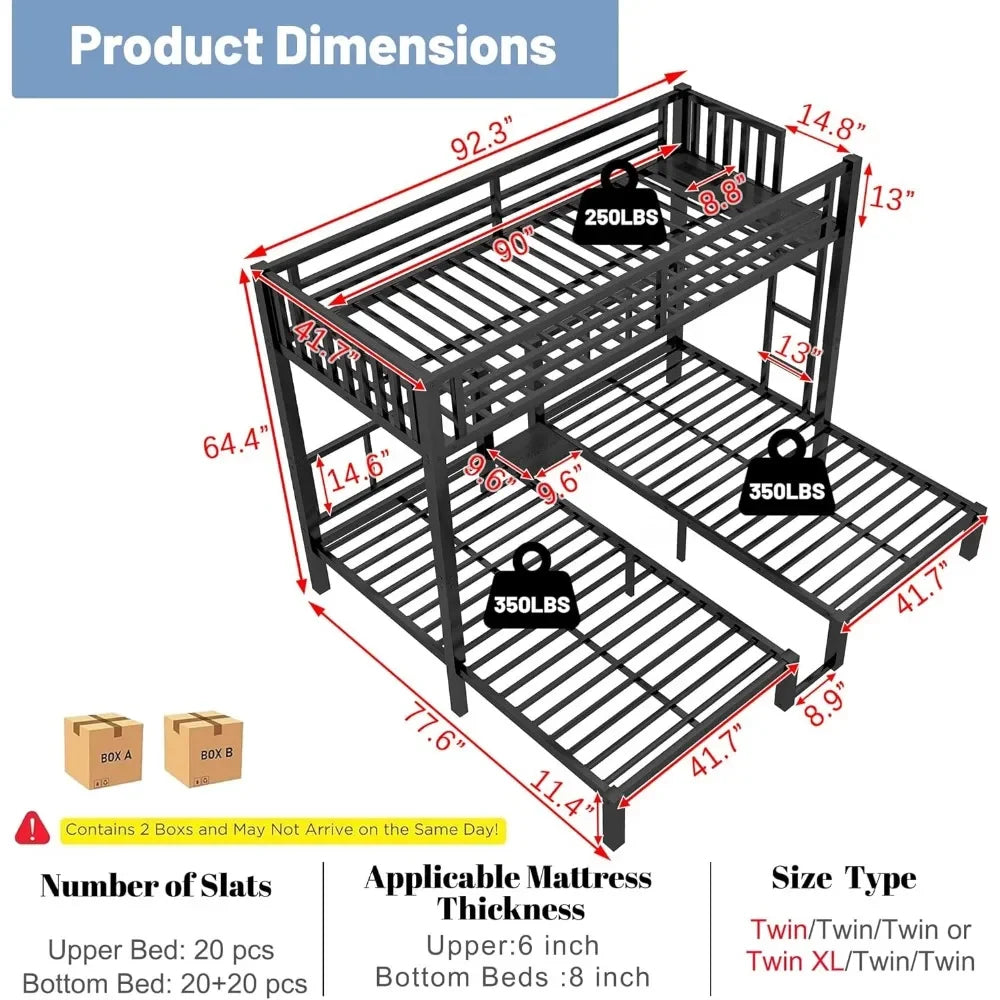 Triple Bunk Bed with LED Lights & Charging Station – Convertible 3-Tier Metal Bunk for Kids with Shelf & Storage Table