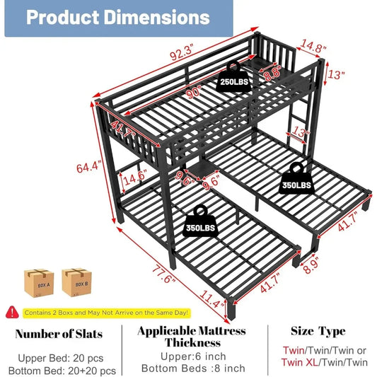 Triple Bunk Bed with LED Lights & Charging Station – Convertible 3-Tier Metal Bunk for Kids with Shelf & Storage Table