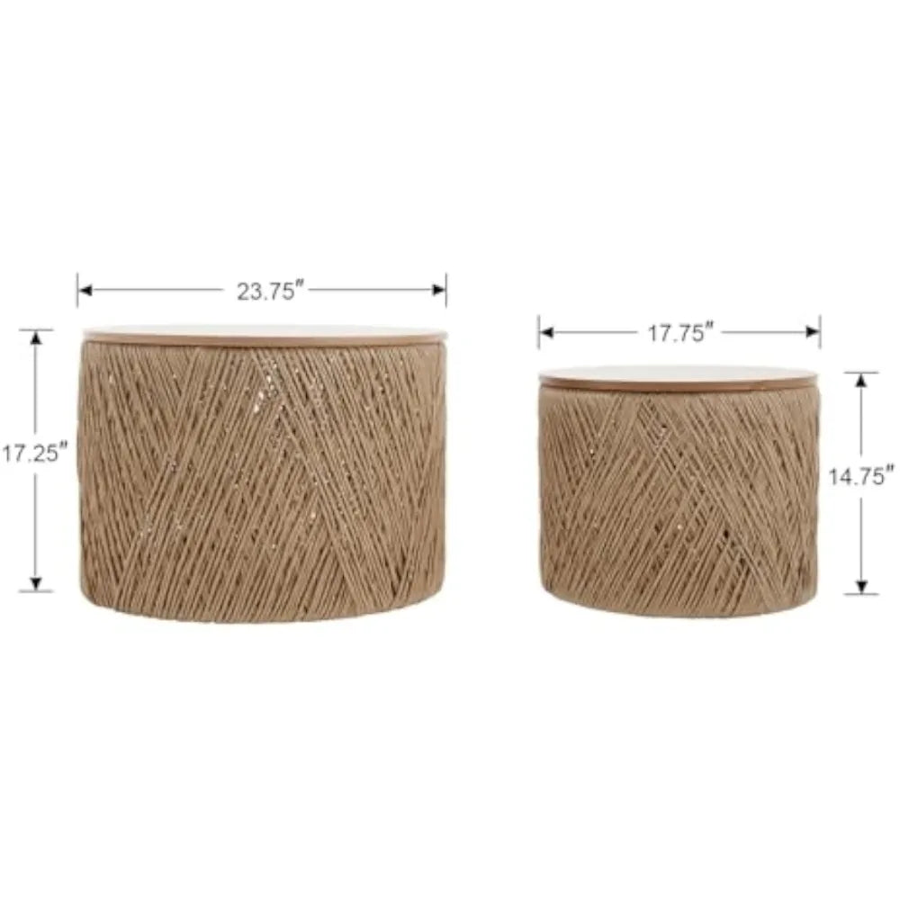 Set of 2 Rustic Round Nesting Coffee Tables – Handwoven Wooden Side Tables for Living Room & Small Spaces