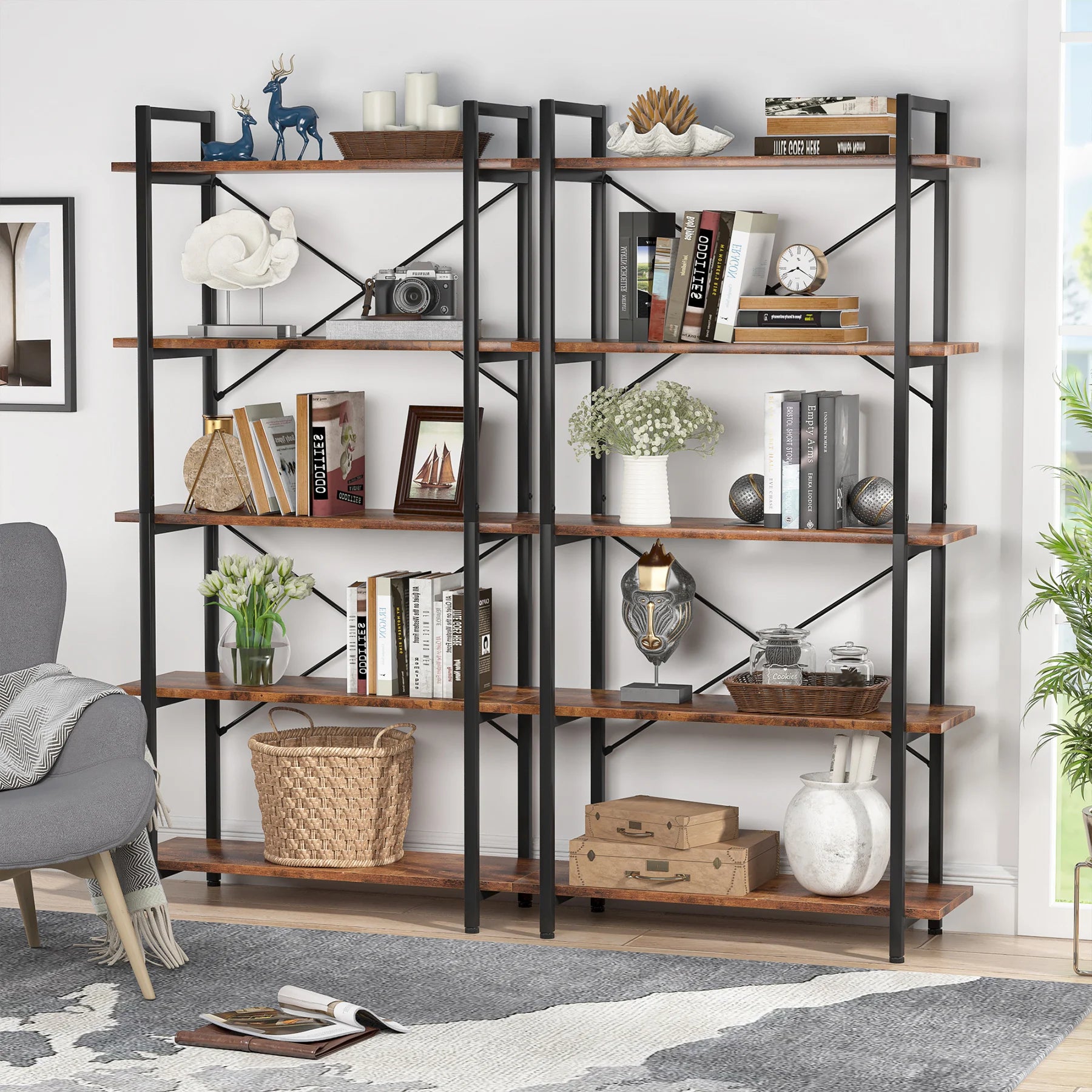Rustic Industrial Bookshelf – 5-Shelf Open Bookcase with Metal Frame for Living Room or Office