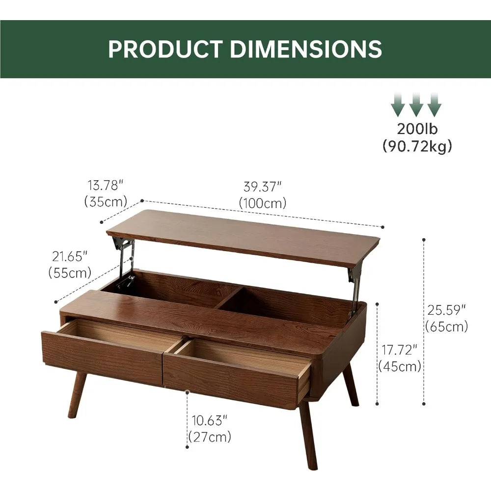 Solid Oak Lift-Top Coffee Table – Walnut Finish with Hidden Storage & Drawers for Living Room Functionality