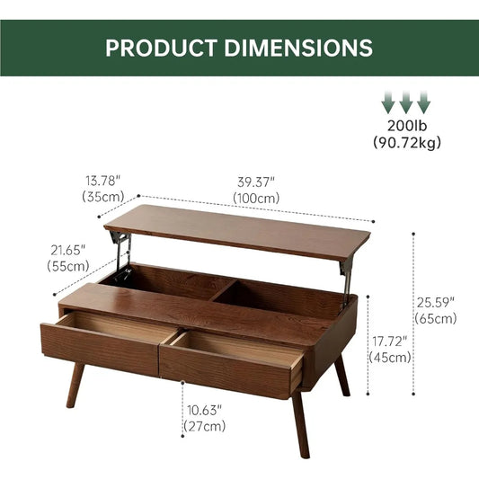 Solid Oak Lift-Top Coffee Table – Walnut Finish with Hidden Storage & Drawers for Living Room Functionality